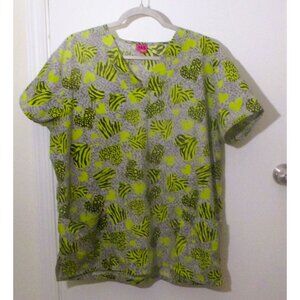365 Work & Wear Womens Scrub Top XL Neon Hearts & Animal Print Short Sleeve